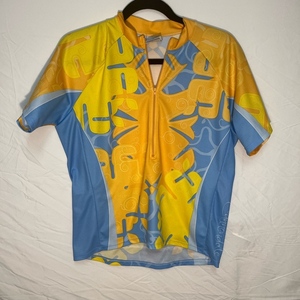CANNONDALE Women’s Large  1/2‎ Zip Short Sleeve Cycling Top Yellow/Blue Design.